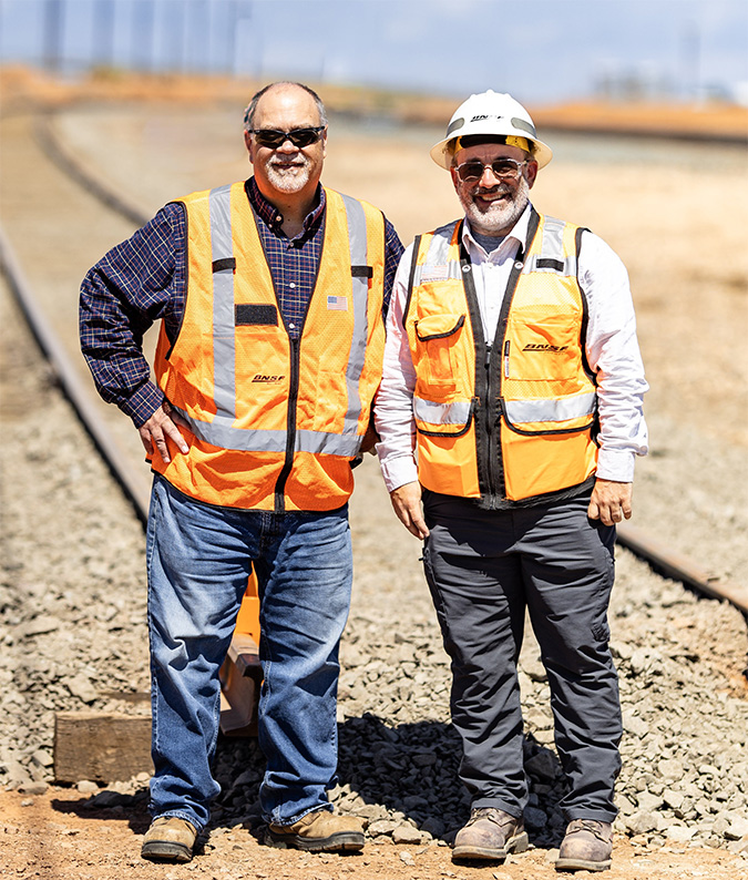 Superintendent of Operations J.J. Orr, left, and Manager of Engineering Seth Ogan closely worked together to build the new tracks in Winslow. Superintendent of Operations J.J. Orr, left, and Manager of Engineering Seth Ogan closely worked together to build the new tracks in Winslow.