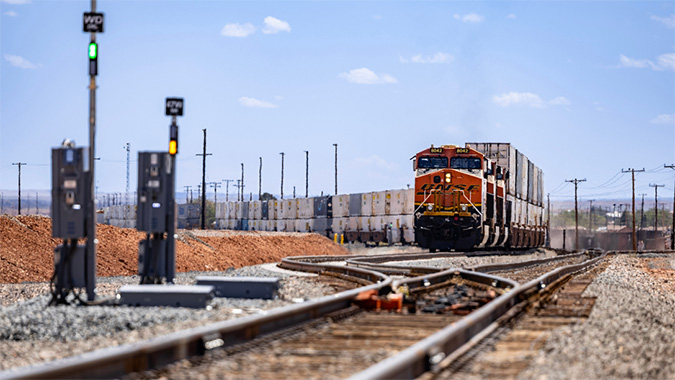 An intermodal train departs the newly constructed north lead at Winslow. An intermodal train departs the newly constructed north lead at Winslow.