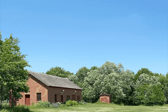Panoramic view of the remaining three buildings at the farm site Panoramic view of the remaining three buildings at the farm site